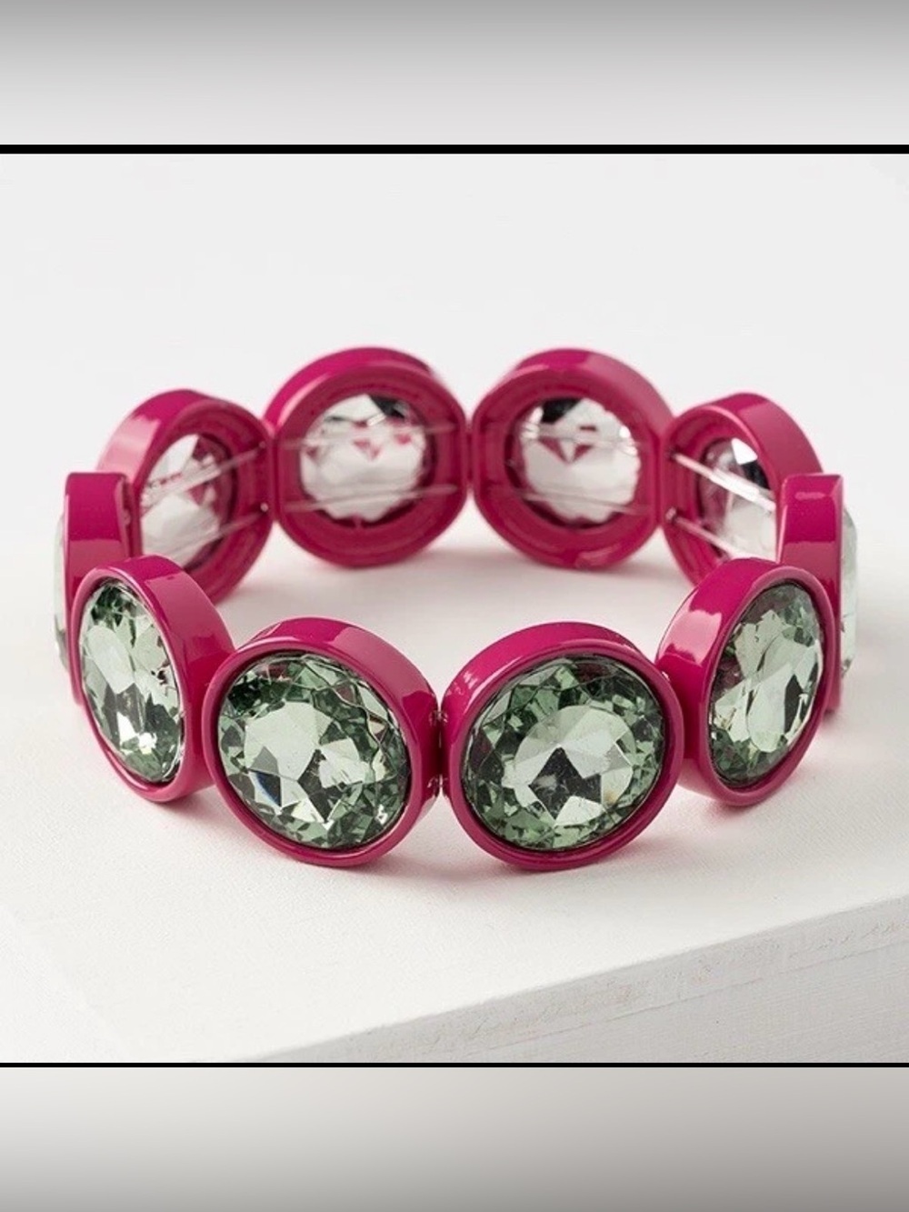 Plunder Paige Large Pink Bracelet with Mint Green Crystal Accents Elastic Cuff